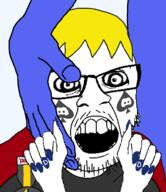 badge blacked blue_skin discord discord_logo_facial_mark facial_mark glasses hair hand nate open_mouth painted_nails soyjak soyjak_party stubble tattoo text variant:feraljak yellow_hair // 990x1146 // 235.2KB