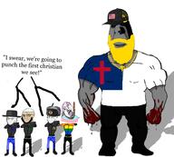 5soyjaks beard bloodshot_eyes blue_eyes brown_hair buff christianity clothes communism crescent cross crying dead flag flag:lgbt_pride_flag flag:protestantism flag:united_states glasses had hair hammer hammer_and_sickle hanging hat islam judaism lgbt mustache open_mouth purple_hair rope sickle soyjak star star_and_crescent star_of_david stubble subvariant:hornyson suicide teeth template tongue tranny variant:bernd variant:cobson variant:soyak yellow_hair yellow_teeth // 1280x1152 // 514.5KB