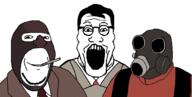 3soyjaks clothes gas_mask glasses mask medic_(tf2) necktie pyro_(tf2) soyjak_trio spy_(tf2) subvariant:wholesome_soyjak suit team_fortress_2 variant:gapejak variant:markiplier_soyjak variant:tony_soprano_soyjak video_game // 2294x1156 // 453.9KB