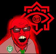 Iranian_ministry_of_intelligence VAJA clothes earpiece glasses glowie green_tie hair mustache necktie persian_text red red_skin soyjak stubble suit suit_and_tie teeth text variant:feraljak yellow_teeth // 620x599 // 98.6KB