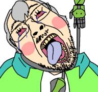 bloodshot_eyes cheeks clothes crying glasses grey_hair hair hakita hanging mustache open_mouth rope soyjak stubble tongue tranny ultrakill variant:bernd video_game white_skin yellow_teeth // 768x719 // 67.9KB
