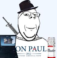 2012 beer budweiser clothes fedora firearm gentoo glasses gun hat libertarian linux neofetch rifle ron_paul smile soyjak stubble subvariant:wholesome_soyjak technology text thinkpad united_states variant:gapejak weapon // 1194x1216 // 683.6KB