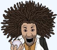 afro anime artist:hellcat ball bloodshot_eyes brown_hair brown_skin button clothes crystal_ball danganronpa:_trigger_happy_havoc danganronpa_(series) hagakure_yasuhiro hand holding_object jacket open_mouth orb perro_hold soyjak stubble variant:el_perro_rabioso video_game visual_novel weed white_shirt yellow_shirt // 660x588 // 51.3KB