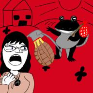 blue_eyes drawn_background female frog full_body glasses grenade hair hand holding_object house long_hair necklace open_mouth scared variant:soytan // 800x800 // 163.0KB