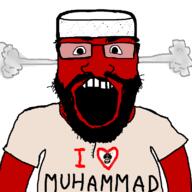 angry beard clothes fume glasses hat heart i_love islam muhammad open_mouth red_skin soyjak subvariant:science_lover text variant:markiplier_soyjak // 800x800 // 53.9KB