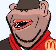 5_o_clock_shadow amerimutt artist:salsamaster brown_skin clothes ear hat helmet lips logo mcdonalds mutt open_mouth red soldier soldier_(tf2) soyjak stubble subvariant:impish_amerimutt team_fortress_2 translucent translucent_background transparent transparent_background valve variant:impish_soyak_ears video_game // 700x628 // 24.9KB