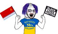 arm balding black_lives_matter clothes communism crazed flag glasses hair hammer_and_sickle hand holding_flag holding_object makeup open_mouth purple_hair refugees_welcome stubble subvariant:crazed_troonjak subvariant:soyak_(crazed) text tranny tshirt variant:soyak // 1121x665 // 341.6KB