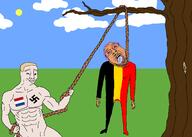 aryan belgium blue_eyes brown_skin flag glasses hanging holding_object holding_rope lynching murder netherlands nude outside rope sky smug stubble tree variant:bernd variant:chudjak white_skin // 2100x1500 // 167.6KB