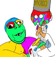 arm bowtie buff clothes colorful colour cross_eyed deformed female glasses hair hand holding_object mymy necktie nipple ongezellig orange_hair orange_skin paint paint_bucket skirt smile soyjak stubble subvariant:emmanuel subvariant:wholesome_soyjak swolesome variant:gapejak wink // 1020x1050 // 218.1KB