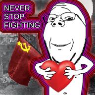 arm berlin communism flag:soviet_union glasses hammer_and_sickle hand heart holding_heart holding_object never_stop_fighting nipple smile soyjak star stubble subvariant:wholesome_soyjak text variant:gapejak // 1000x1000 // 996.4KB