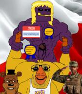 animatronic arm bear beard black_skin blackskinaryan_(pedophile) chica_(fnaf) closed_mouth five_nights_at_freddy's flag:poland fnaf freddy_fazbear glasses half_open_mouth meta:pornographic_content meta:revjak negro oh_my_god_she_is_so_attractive poland smile soyjak stubble text variant:israeli_soyjak variant:markiplier_soyjak // 788x901 // 509.8KB
