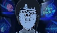 anime brown_hair closed_mouth clothes cyberpunk ear female glasses hair iwakura_lain mustache serial_experiments_lain soyjak stubble technology text variant:a24_slowburn_soyjak // 1437x840 // 302.3KB