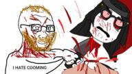 2soyjaks anti_soytan beard beheading blood blood_from_eyes blood_on_face blood_splatter bloodshot_eyes blush brown_hair closed_mouth clothes coomer decapitation glasses gore hair i_hate knife looking_at_you looking_up murder severed_head soyjak subvariant:killjak text total_sloptran_death variant:soyak variant:soytan // 1920x1080 // 366.6KB