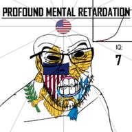 angry animal arrow bald bird black_eyes black_hole black_sclera clenched_teeth closed_mouth cracked_teeth drool eagle ear flag flag:united_states flag:virgin_islands glasses hair holding_object iq iq_bell_curve mustache nightmare_fuel no_pupils plant profound_mental_retardation retard shield soyjak star_(symbol) stubble territory text united_states variant:feraljak virgin_islands wrinkles // 1024x1024 // 173.6KB