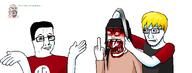 4soyjaks angry arm baby babyjak beanie blood bloodshot_eyes blue_eyes broken_jaw broken_teeth clothes duct_tape female glasses gore hair hand holding_object holding_phone lips middle_finger nate open_mouth red_shirt shrug smile smug stubble swastika tongue tshirt variant:chudjak variant:gapejak variant:soyak variant:soytan yellow_hair // 1669x636 // 89.2KB