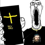arm bible christianity clothes cross ear glasses hand holding_object jesus mustache necklace open_mouth phone religion soyjak stubble text tshirt variant:james_youniverse // 500x506 // 170.0KB