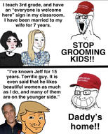 2soyjaks blond calarts choker donald_trump doomer_girl dress homosexual jeffrey_epstein lesbian maga maga_hat marriage orange_skin smug teacher trad_wife variant:soyak wig wojak // 1284x1602 // 907.3KB