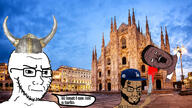 3soyjaks baseball_cap beard black_skin brown_skin closed_mouth clothes concerned facial_mark forehead_mark glasses hair hand hat helmet holding_knife holding_object horn horned_helmet irl_background italy knife milan open_mouth soyjak speech_bubble stubble tattoo text variant:a24_slowburn_soyjak variant:chudjak variant:soyak viking // 1600x900 // 1.1MB
