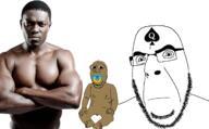 2soyjaks arm baby bbc brown_skin deformed frown full_body glasses hand irl leg mustache negro nsfw pacifier penis queen_of_spades soyjak stubble tattoo variant:cobson // 1700x1056 // 701.1KB