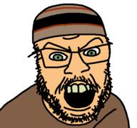 clothes glasses green_eyes hat mustache open_mouth redraw skin soyjak stubble variant:feraljak white wojti2000 // 427x400 // 5.8KB