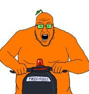 blart froot glasses green_glasses leaf open_mouth orange_skin scooter soyjak stem stubble variant:blartjak // 874x919 // 27.6KB