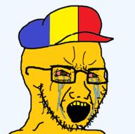 bloodshot_eyes clothes country crying flag glasses hat open_mouth romania soyjak stubble variant:soyak yellow_skin yellow_teeth // 814x806 // 76.0KB