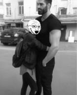 full_body gigachad glasses hugging irl irl_background nas:gigachad open_mouth soyjak stubble variant:soyak // 500x617 // 193.6KB