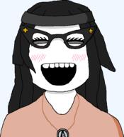 beanie blush closed_eyes clothes female front_facing glasses hair happy necklace open_mouth soyjak variant:soytan // 531x583 // 27.3KB