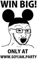 advertisement clothes disney ear glasses hat mickey_mouse open_mouth smile soyjak soyjak_party stubble text variant:soyak // 800x1280 // 80.2KB