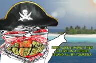 blood bloodshot_eyes clenched_teeth clothes cracked_teeth desert_island distorted ear glasses hat irl_background island nosebleed pirate pirate_hat pointing red_eyes sand sea skull soyjak stubble subvariant:feralrage text tree variant:feraljak water yellow_teeth // 679x441 // 532.5KB