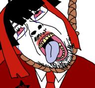 bloodshot_eyes clothes crying funamusea glasses hair hanging open_mouth red_hair rope stubble tranny uniform variant:bernd white_background yuhjima_imika // 450x417 // 20.1KB