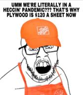 angry apron baseball_cap cap clothes coronavirus_pandemic glasses hat inflation_(economy) mustache open_mouth soyjak stubble text variant:feraljak // 640x733 // 297.7KB