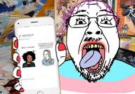 aceggot anime asexual closed_mouth clothes glasses hair hand irl_background mutt open_mouth phone purple_hair soyjak stubble subvariant:trad_wife text tongue tranny twitter variant:bernd variant:wojak wojak // 1348x940 // 275.7KB