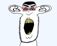 angry bloodshot_eyes ear glasses hair open_mouth pink_eyes red_eyes sharp_teeth soyjak stubble transparent_background variant:cobonsy yellow_teeth // 1616x1302 // 87.2KB