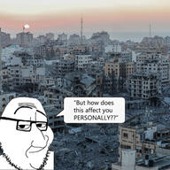 argument beard closed_mouth gaza glasses irl_background palestine ruins smile smug soyjak speech_bubble stubble text variant:smugjak // 1278x1278 // 464.1KB
