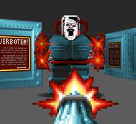 adolf_hitler clothes germany glasses gun helmet mecha mustache open_mouth red_eyes soyjak stubble variant:a24_slowburn_soyjak video_game wolfenstein // 1026x933 // 489.1KB