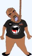 ack anarchism anti_euro antifa arm badge bald bloodshot_eyes brown_skin burning clothes crying euromutt flag:united_states full_body glasses hand hanging obese open_mouth palestine penis rope shitskin star_(symbol) subvariant:patrick suicide tear tongue variant:bernd variant:chudjak // 690x1200 // 189.8KB