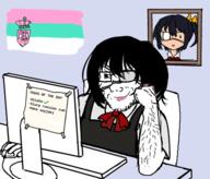 anime another_(anime) bant_(4chan) bowtie closed_mouth computer eyepatch flag flag:serbia flag:transgender_pride_flag frame glasses hair misaki_mei monitor serbia smile smug soyjak stubble text variant:soyak white_skin // 506x432 // 166.8KB