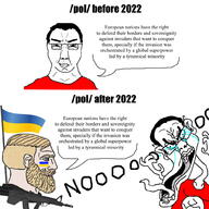 arm closed_mouth country crying ear flag hair hand nazism nordic_chad open_mouth pol_(4chan) russo_ukrainian_war smile smug soyjak speech_bubble subvariant:chudjak_front swastika text variant:chudjak wordswordswords // 1000x1000 // 280.5KB