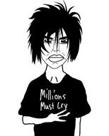 animated clothes crying emo_hair ext=gif glasses goth hair hand millions_must_die peace_sign pun sad soyjak subvariant:pol_face subvariant:unbotheredchud text tshirt variant:chudjak // 240x300 // 171.0KB