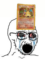 bloodshot_eyes card charizard clothes crying deformed glasses hat kanto open_mouth pokemon pokemon_tcg soyjak stubble text variant:soyak // 785x1019 // 377.5KB