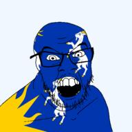 angry animal british flag flag:merionethshire glasses goat hair looking_at_you merionethshire mustache open_mouth soyjak stubble sun teeth united_kingdom variant:feraljak wales // 1500x1500 // 236.4KB