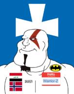 Warrior-Z(user) afghanistan arabic_text aryan batman batman_(series) beard blue_eyes buff closed_mouth county cross flag flag:iraq flag:norway flag:rogaland flag:taliban goatee god_of_war hair hello_my_name_is_(sticker) iraq kratos norway rogaland shahada smile soyjak subvariant:mexiaryan taliban text variant:meximutt video_game // 886x1120 // 78.6KB