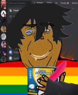 brown_skin closed_mouth clothes computer diaper dildo discord drool fat femboy flag gay hair holding_dildo lgbt makeup soyjak stubble variant:alicia // 590x718 // 292.8KB