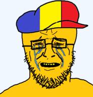 bloodshot_eyes cap clothes country crying flag glasses hat romania soyjak stubble subvariant:soyak_front variant:soyak yellow_skin yellow_teeth // 452x472 // 24.4KB