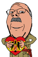 arm closed_mouth clothes fascism flag flag:francoist_spain francisco_franco franco glasses hand heart holding_heart holding_object military_uniform mustache smile soyjak spain stubble subvariant:wholesome_soyjak tan_skin variant:gapejak // 676x1021 // 73.5KB