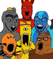 blue_skin brown_skin multiple_soyjaks red_skin variant:a24_slowburn_soyjak variant:feraljak variant:gapejak variant:markiplier_soyjak variant:soyak variant:tony_soprano_soyjak yellow_skin // 300x330 // 110.2KB