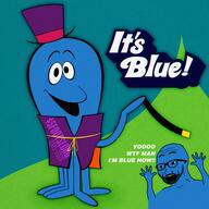 arm artist:fivefootlong berryboy blue_skin blueberry_inflation clothes glasses hand hands_up hat inflation_fetish its_over octopus open_mouth soyjak text top_hat variant:excited_soyjak wand yellow_teeth // 2466x2467 // 11.0MB