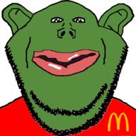 about_to_vomit amerimutt clothes complexion ear frog green_face green_skin mcdonalds open_mouth pepe smile stubble subvariant:impish_amerimutt subvariant:impish_front variant:impish_soyak_ears // 627x627 // 64.4KB