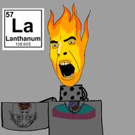 2soyjaks angry chemistry element fire fore glasses hair lanthanides lanthanum lighter mustache open_mouth orange_skin soyjak stubble tongue tranny variant:bernd variant:cobson // 1250x1250 // 173.6KB